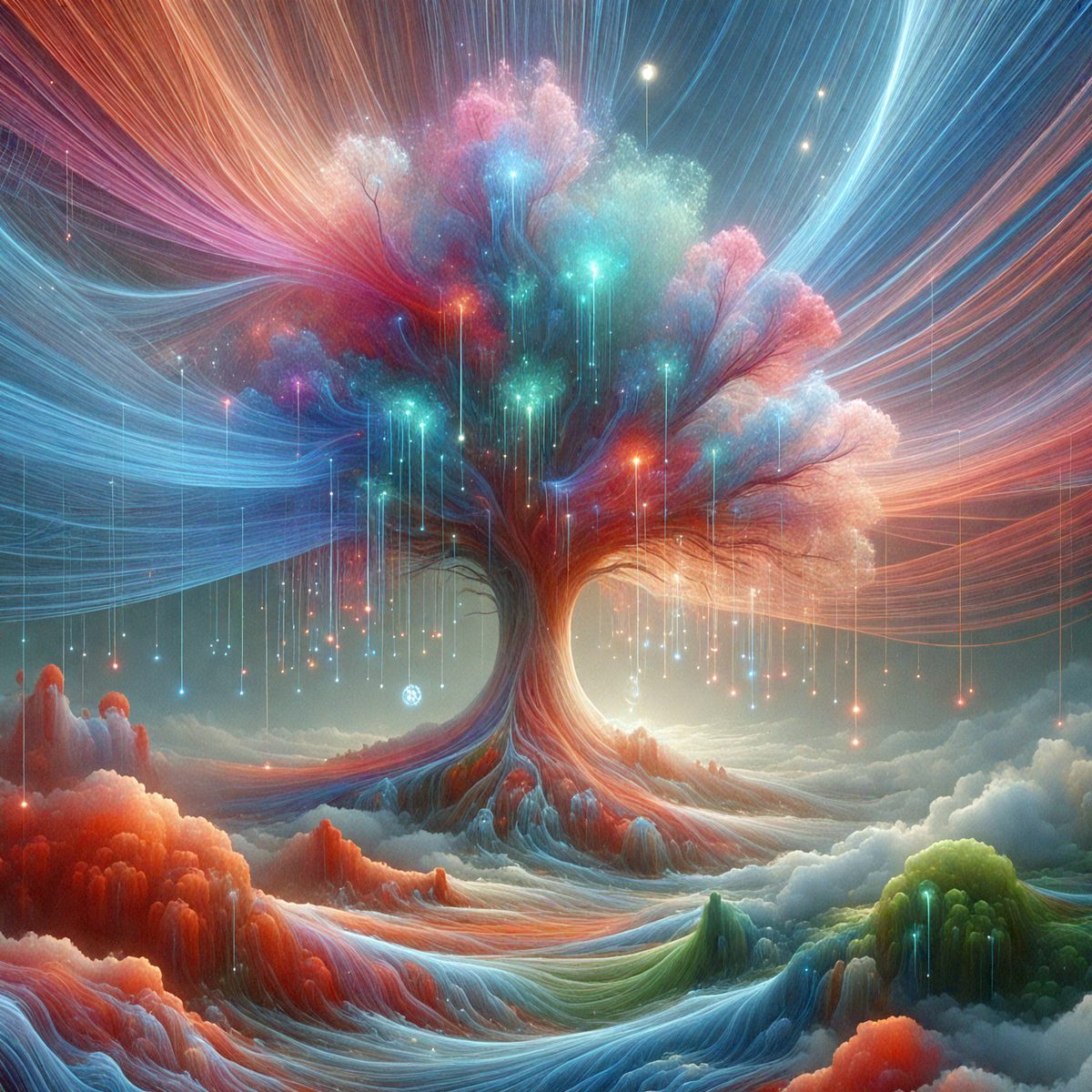 The primary subject of the image is a tree with a colorful, rainbow-like appearance. The tree is surrounded by a vibrant, swirling background that adds to the overall atmosphere of the scene. The visual style of the image is digital art, as it appears to be a computer-generated or digitally painted creation. The colors and mood of the image are lively and cheerful, with the tree and its surroundings being the main focus of the composition.